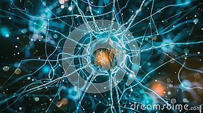 Close up of an isolated neuron with glowing edges and intricate connections in a dark setting Stock Photo