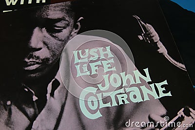 Close up of isolated retro vinyl record covers from jazz singer and saxophone player John Coltrane Editorial Stock Photo