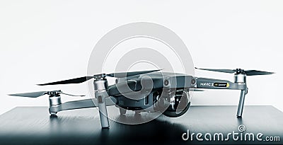 Close up isolated shot of the new consumer Mavic 2 Pro drone from DJI against a bright white background Editorial Stock Photo