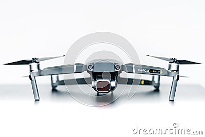 Close up isolated shot of the new consumer Mavic 2 Pro drone from DJI against a bright white background Editorial Stock Photo