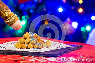 Close Up Of Italian Traditional Food Called Strufoli On Blur Col Stock Photo