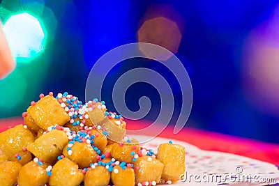 Close Up Of Italian Traditional Food Called Strufoli On Blur Col Stock Photo