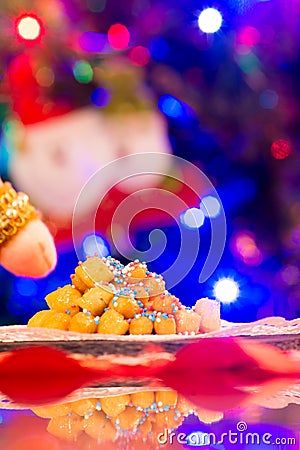 Close Up Of Italian Traditional Food Called Strufoli On Blur Col Stock Photo