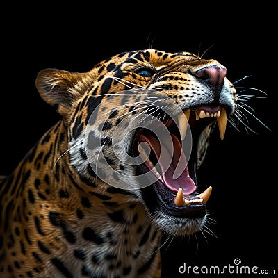 close up of jaguar roaring on black background Stock Photo