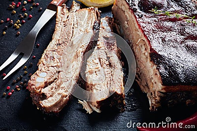 Close-up of hot Grilled Jamaican Jerk pork Stock Photo