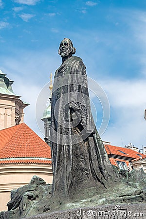 Close-up on Jan Hus on hist Memorial designed by Ladislav Saloun. Editorial Stock Photo