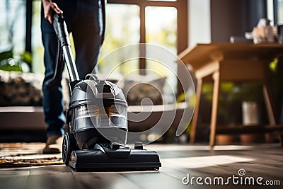Close-Up of Janitor Using Vacuum Cleaner for Professional Carpet Cleaning Service. AI Stock Photo