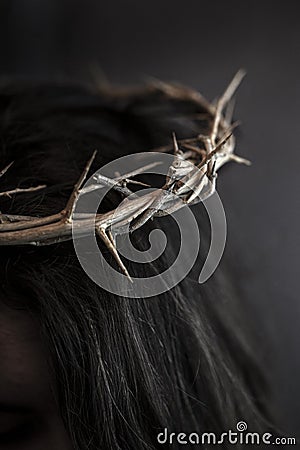 Close Up of Jesus Wearing the Crown of Thorns Stock Photo