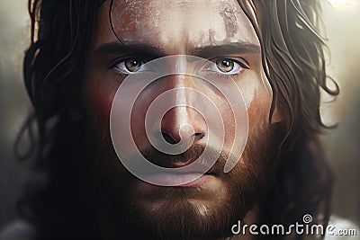 close-up of jesus& x27; face, with peaceful and serene expression Stock Photo