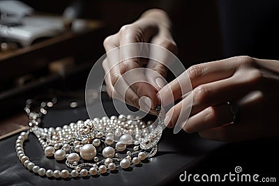 close-up of jeweler's hands, stringing pearls on delicate chain Stock Photo