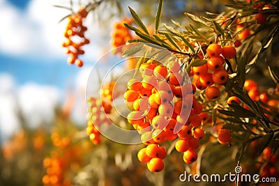 Close-up of juicy bunches of sea-buckthorn in the sunlight. Trees with orange fruits on a bright sunny day against a blue sky. . Stock Photo