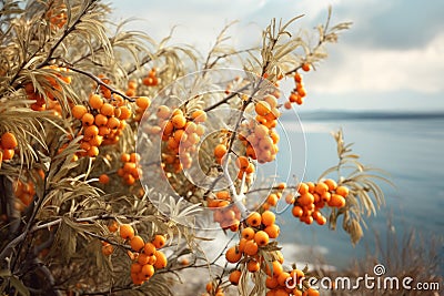 Close-up of juicy bunches of sea-buckthorn in the sunlight Stock Photo