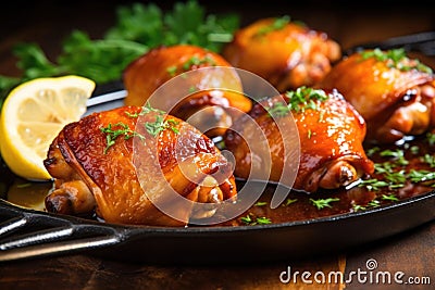 close-up of juicy chicken thighs with fork prongs inserted Stock Photo