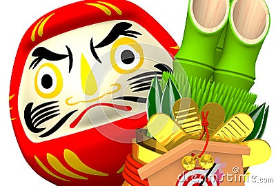 Close-up Of Kadomatsu, Daruma Doll Cartoon Illustration