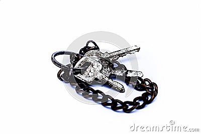 Close up of 3-4 keys with a keychain isolated on white Stock Photo