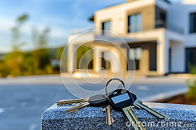 Close-up of the keys lying on parapet against background of a modern apartment building,the concept of real estate investment, Stock Photo
