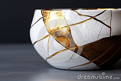 close-up of kintsugi gold lines on ceramic bowl Stock Photo