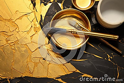 close-up of kintsugi gold powder and tools Stock Photo