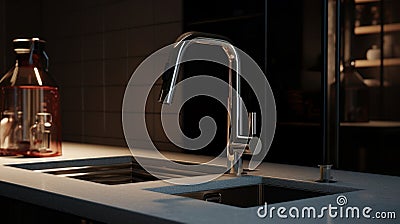 Close-up of kitchen countertop with built-in sink, metallic faucet on the foreground. Black tile backsplash on the Stock Photo