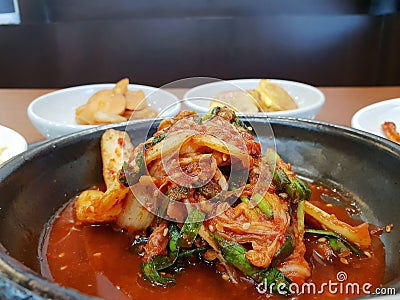 Close up of Korean pickle on black plate. Stock Photo