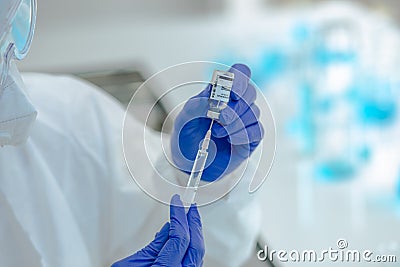 Close-up on Laboratory Tube Virus corona covid 19 vaccine. Stock Photo