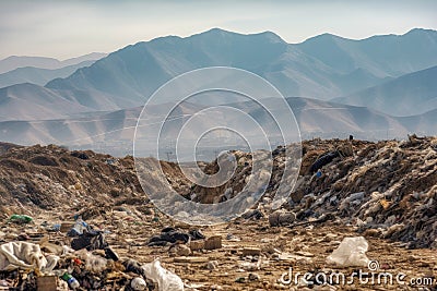 close-up of a landfill, with mountains of trash and debris visible Stock Photo