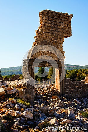 Close-up landscape view ruins of antique city. Kanlidivane ancient city in Mersin Province Stock Photo