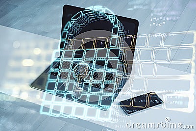 Close up of laptop computer on desktop with smartphone abstract glowing secure web keyboard safety and protection hologram on Editorial Stock Photo