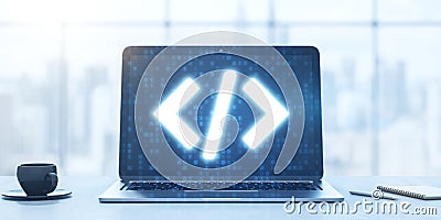 Close up of laptop computer with glowing programming code on blurry office desk with coffee cup and city view background. Program Stock Photo