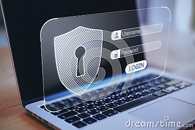 Close up of laptop computer with glowing username and password interface on blurry background. Information, security and Editorial Stock Photo