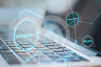 Close up of laptop with creative polygonal blockchain hologram on blurry background. Technology and fintech concept. Double Stock Photo