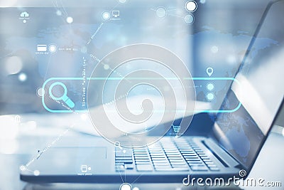 Close up of laptop with creative search bar and digital blue map icons on blurry background. Address and Url concept. Double Stock Photo