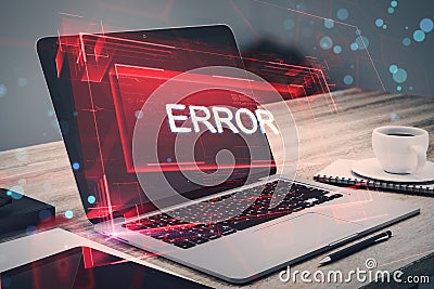 Close up of laptop on desktop with coffee cup and abstract red error hologram. Connection and crime concept. Editorial Stock Photo