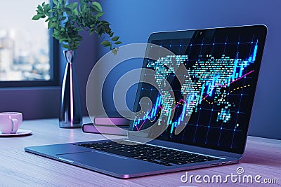 Close up of laptop on desktop with coffee cup, decorative plant and glowing candlestick forex chart map on blurry background with Stock Photo
