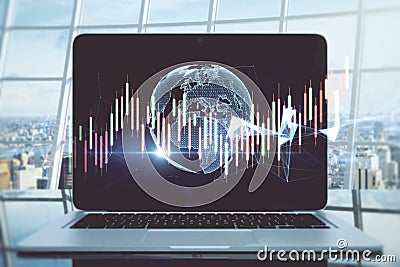 Close up of laptop on desktop with glowing polygonal globe, blurry city view background and candlestick forex chart. Trade, Editorial Stock Photo