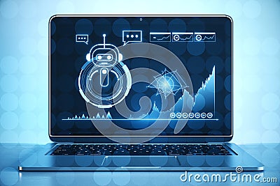 Close up of laptop with glowing robot and chart hologram on blurry background. Artificial intelligence, chat GPT, bot assistant Stock Photo