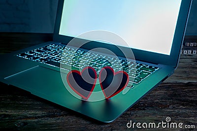 Close up of laptop and love message in stay connected, online dating or shopping for Valentines day Stock Photo