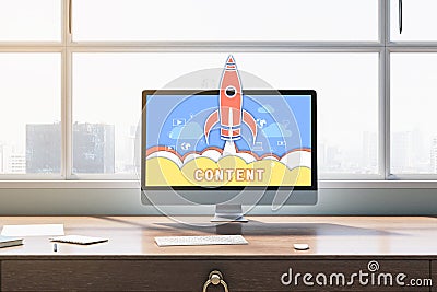 Close up of laptop with spaceship and content concept at office workplace. Content marketing concepts for web banner and printed Stock Photo