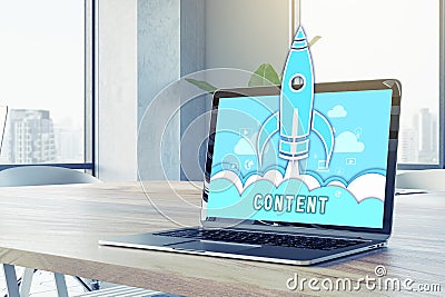 Close up of laptop with spaceship and content concept at office workplace. Content marketing concepts for web banner and printed Stock Photo