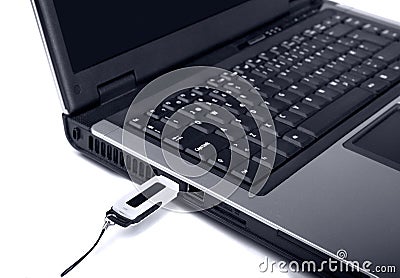 Close up of laptop with usb-flash memory Stock Photo