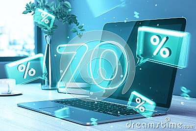 Close up of laptop at workplace with blue 70% sale hologram. Online shopping and money concept. Editorial Stock Photo