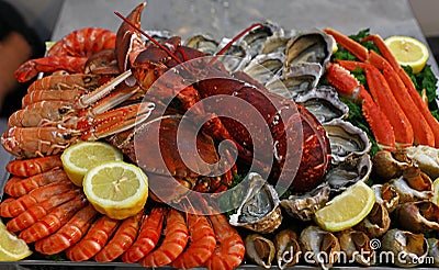 Large cold and raw seafood platter to share Stock Photo