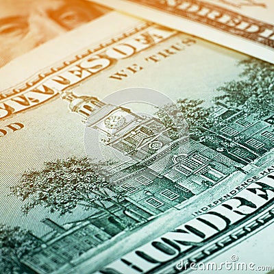 Close-up of large dollar bills. American currency Stock Photo