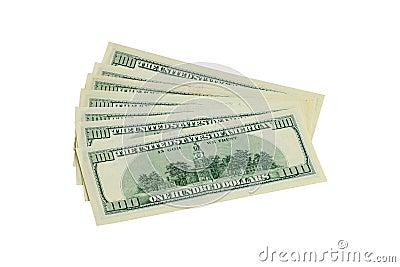 Close-up of large dollar bills isolated on white background. American means of payment Stock Photo