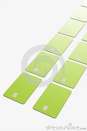 Close-up of a large group of green credit cards on a white background. Cartoon Illustration