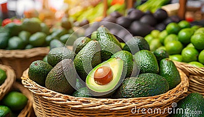 Wicker Baskets Full of Fresh and Ripe Avocado Fruits - Generative Ai Stock Photo