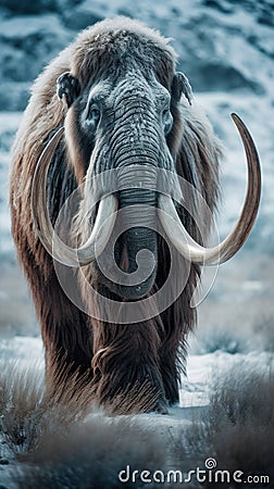 Close-up of a large woolly mammoth standing in the snowy mountains, Generative AI Stock Photo