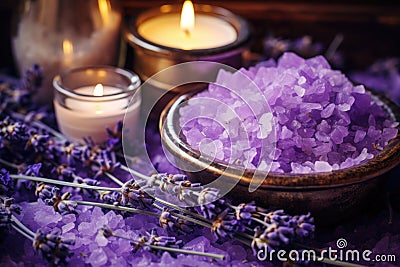 close-up of lavender bath salts with candles Stock Photo