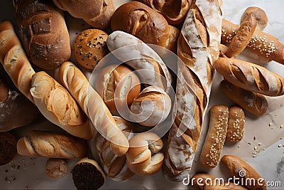 close up lay flat of breads scattered on a white work surface , shot from above even daylight ligting, strong focus good detail Stock Photo