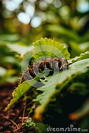 A close up of a leaf with a cater on it. Generative AI image. Stock Photo